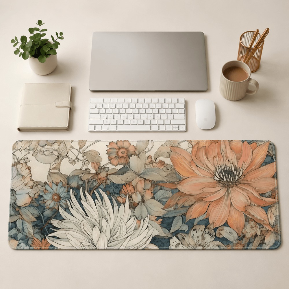 Desk Setup With Laptop - مفرش طاولة بنمط زهور عتيق، يتميز