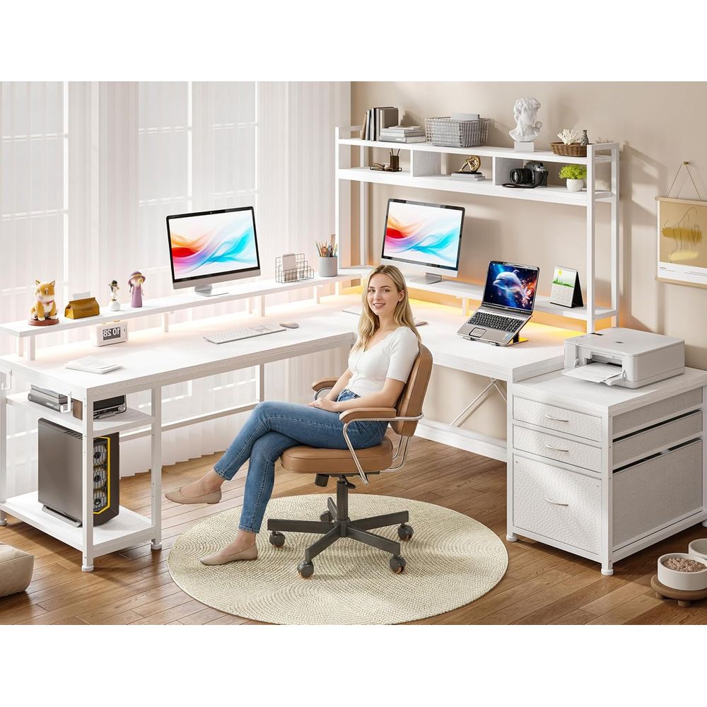 مكتب على شكل حرف L بطول 104 بو - مراجعة Desk Setup Dual Monitor وسعره